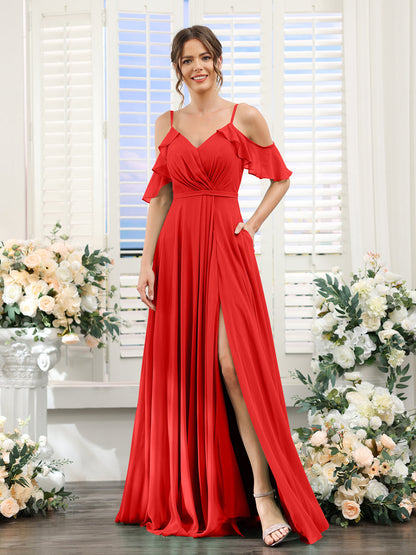 Vestidos de Dama de Honra Em Chiffon Linha A com Alças Finas e Mangas Curtas Divididas