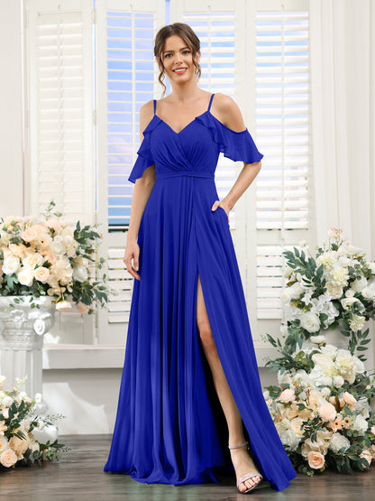Vestidos de Dama de Honra Em Chiffon Linha A com Alças Finas e Mangas Curtas Divididas
