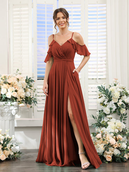 Vestidos de Dama de Honra Em Chiffon Linha A com Alças Finas e Mangas Curtas Divididas