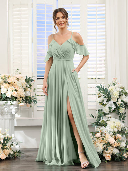 Vestidos de Dama de Honra Em Chiffon Linha A com Alças Finas e Mangas Curtas Divididas