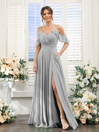 Vestidos de Dama de Honra Em Chiffon Linha A com Alças Finas e Mangas Curtas Divididas