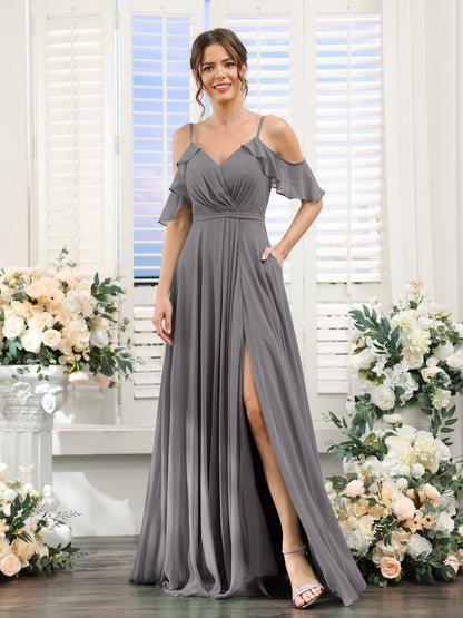 Vestidos de Dama de Honra Em Chiffon Linha A com Alças Finas e Mangas Curtas Divididas
