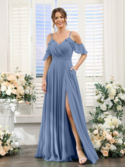 Vestidos de Dama de Honra Em Chiffon Linha A com Alças Finas e Mangas Curtas Divididas