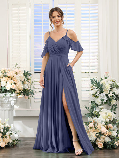 Vestidos de Dama de Honra Em Chiffon Linha A com Alças Finas e Mangas Curtas Divididas