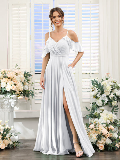 Vestidos de Dama de Honra Em Chiffon Linha A com Alças Finas e Mangas Curtas Divididas