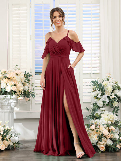 Vestidos de Dama de Honra Em Chiffon Linha A com Alças Finas e Mangas Curtas Divididas