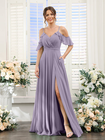 Vestidos de Dama de Honra Em Chiffon Linha A com Alças Finas e Mangas Curtas Divididas