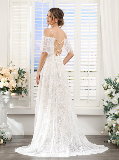 A-Line Alças Finas Mangas Curtas Vestidos de Noiva de Renda Longa