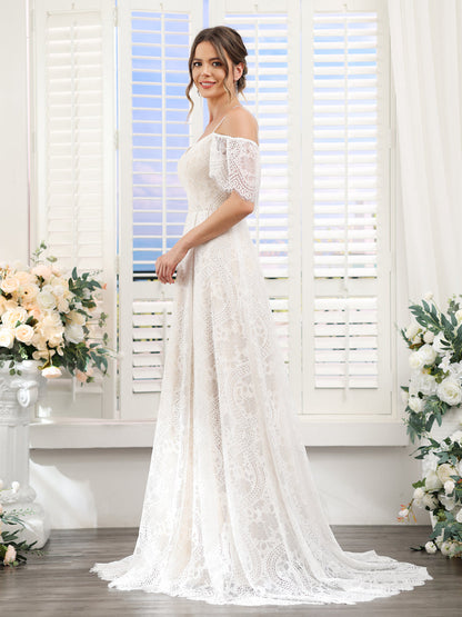 A-Line Alças Finas Mangas Curtas Vestidos de Noiva de Renda Longa