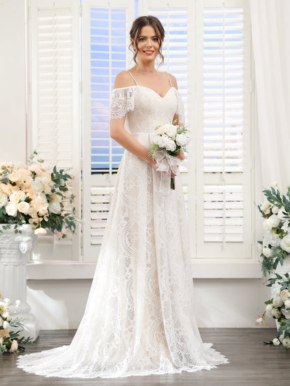A-Line Alças Finas Mangas Curtas Vestidos de Noiva de Renda Longa