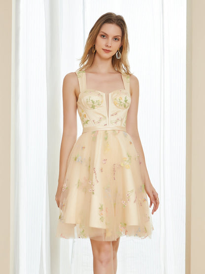 Vestidos Curtos de Baile com Bordado de Tule Retrô Linha A com Alças