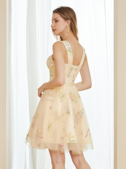 Vestidos Curtos de Baile com Bordado de Tule Retrô Linha A com Alças