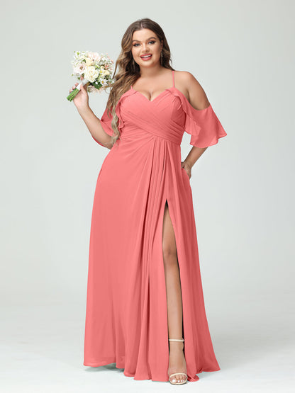 Vestidos Princesa/ Formato A com Alças Finas Manga Curta Chiffon Franzido Lado Dividido Vestidos de Dama de Honra Tamanho Grande com Bolsos