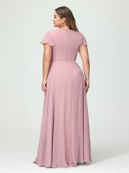 Princesa/Formato A Decote Em V Manga Curta Chiffon Babados Split Side Plus Size Vestidos de Dama de Honra com Bolsos