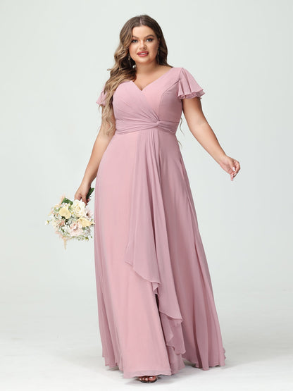 Princesa/Formato A Decote Em V Manga Curta Chiffon Babados Split Side Plus Size Vestidos de Dama de Honra com Bolsos