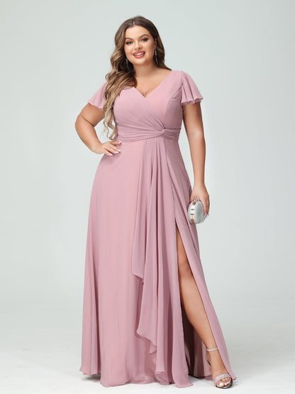 Princesa/Formato A Decote Em V Manga Curta Chiffon Babados Split Side Plus Size Vestidos de Dama de Honra com Bolsos