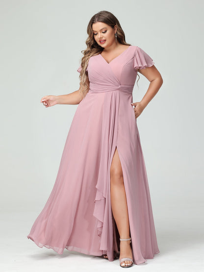 Princesa/Formato A Decote Em V Manga Curta Chiffon Babados Split Side Plus Size Vestidos de Dama de Honra com Bolsos