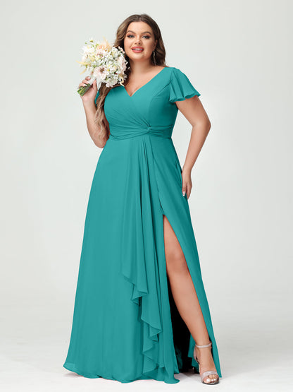 Princesa/Formato A Decote Em V Manga Curta Chiffon Babados Split Side Plus Size Vestidos de Dama de Honra com Bolsos