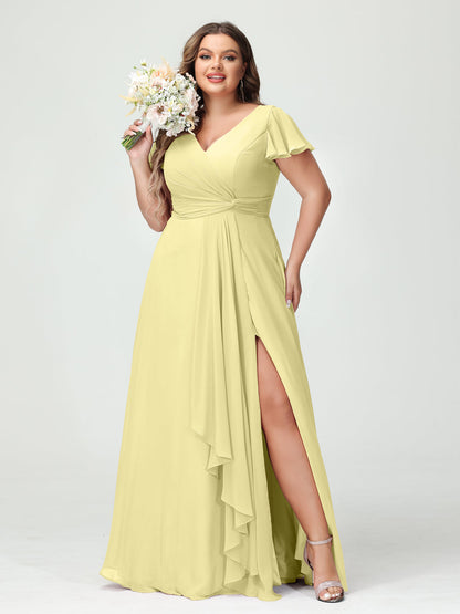 Princesa/Formato A Decote Em V Manga Curta Chiffon Babados Split Side Plus Size Vestidos de Dama de Honra com Bolsos