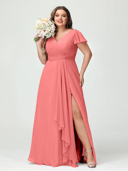 Princesa/Formato A Decote Em V Manga Curta Chiffon Babados Split Side Plus Size Vestidos de Dama de Honra com Bolsos