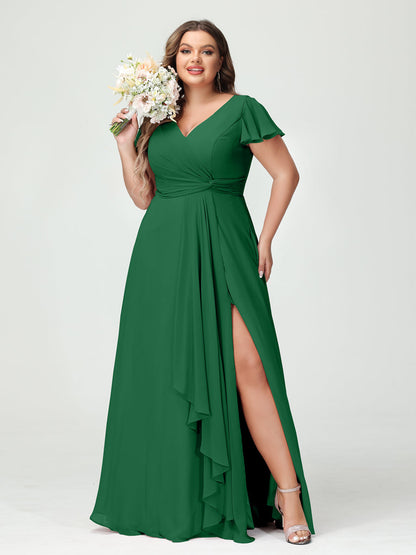 Princesa/Formato A Decote Em V Manga Curta Chiffon Babados Split Side Plus Size Vestidos de Dama de Honra com Bolsos
