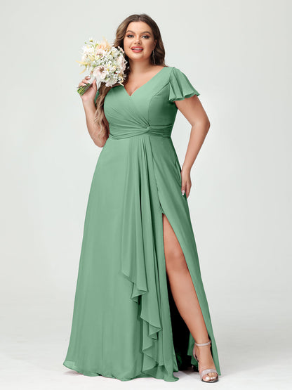 Princesa/Formato A Decote Em V Manga Curta Chiffon Babados Split Side Plus Size Vestidos de Dama de Honra com Bolsos
