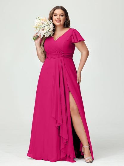 Princesa/Formato A Decote Em V Manga Curta Chiffon Babados Split Side Plus Size Vestidos de Dama de Honra com Bolsos