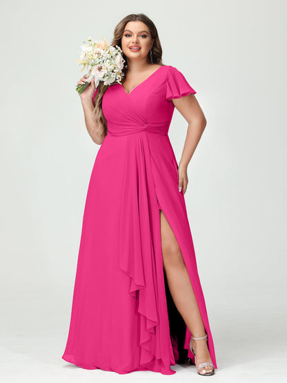 Princesa/Formato A Decote Em V Manga Curta Chiffon Babados Split Side Plus Size Vestidos de Dama de Honra com Bolsos