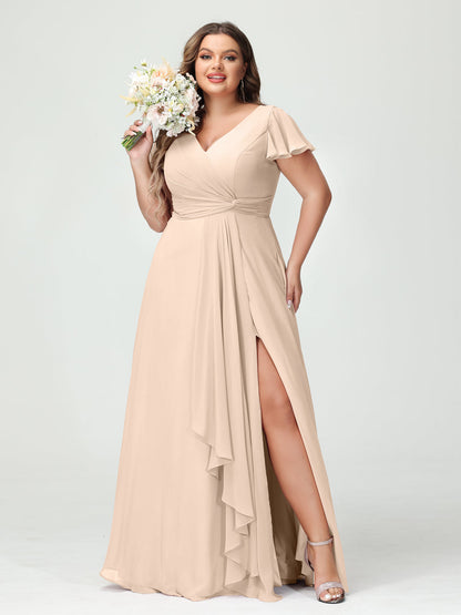 Princesa/Formato A Decote Em V Manga Curta Chiffon Babados Split Side Plus Size Vestidos de Dama de Honra com Bolsos