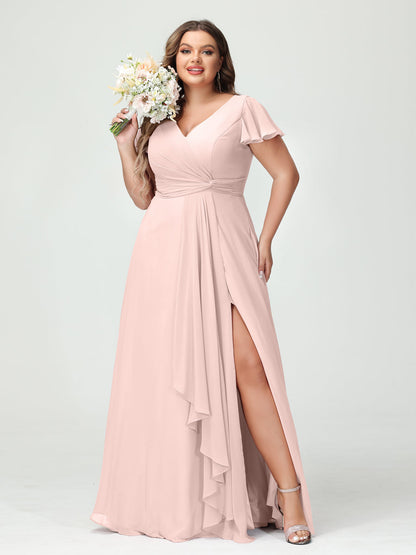 Princesa/Formato A Decote Em V Manga Curta Chiffon Babados Split Side Plus Size Vestidos de Dama de Honra com Bolsos