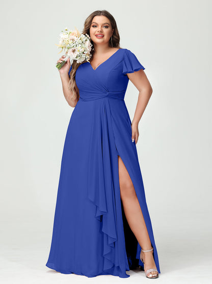 Princesa/Formato A Decote Em V Manga Curta Chiffon Babados Split Side Plus Size Vestidos de Dama de Honra com Bolsos