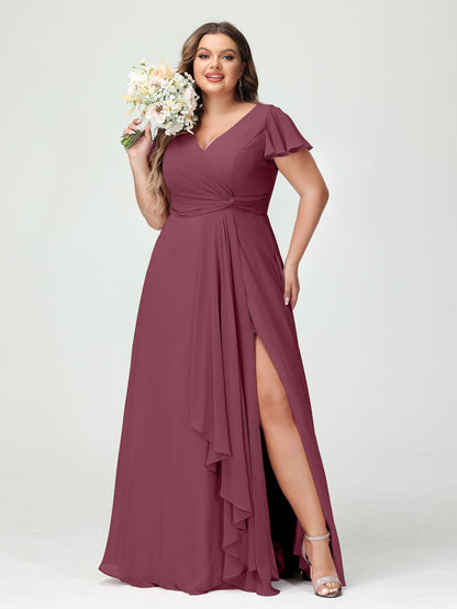 Princesa/Formato A Decote Em V Manga Curta Chiffon Babados Split Side Plus Size Vestidos de Dama de Honra com Bolsos