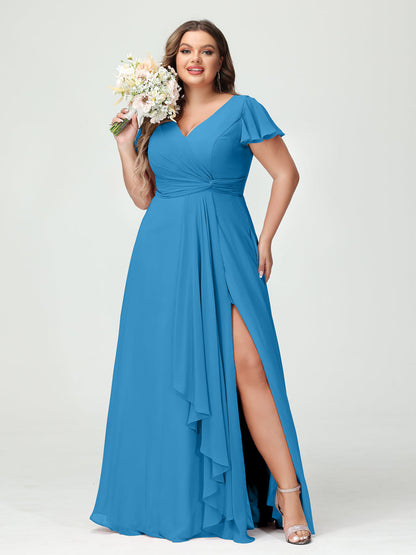 Princesa/Formato A Decote Em V Manga Curta Chiffon Babados Split Side Plus Size Vestidos de Dama de Honra com Bolsos
