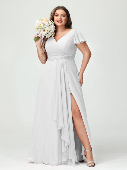 Princesa/Formato A Decote Em V Manga Curta Chiffon Babados Split Side Plus Size Vestidos de Dama de Honra com Bolsos