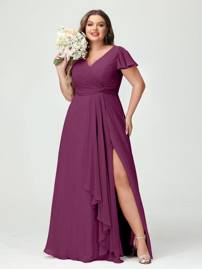 Princesa/Formato A Decote Em V Manga Curta Chiffon Babados Split Side Plus Size Vestidos de Dama de Honra com Bolsos