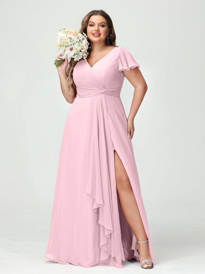 Princesa/Formato A Decote Em V Manga Curta Chiffon Babados Split Side Plus Size Vestidos de Dama de Honra com Bolsos