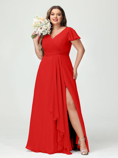 Princesa/Formato A Decote Em V Manga Curta Chiffon Babados Split Side Plus Size Vestidos de Dama de Honra com Bolsos