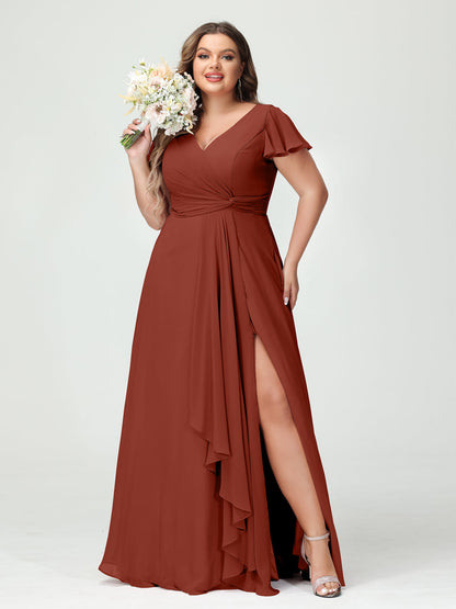 Princesa/Formato A Decote Em V Manga Curta Chiffon Babados Split Side Plus Size Vestidos de Dama de Honra com Bolsos
