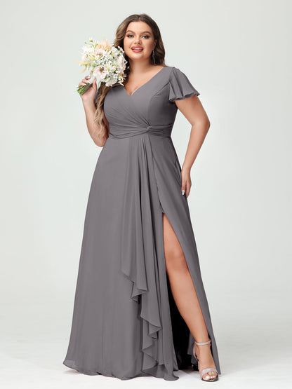 Princesa/Formato A Decote Em V Manga Curta Chiffon Babados Split Side Plus Size Vestidos de Dama de Honra com Bolsos