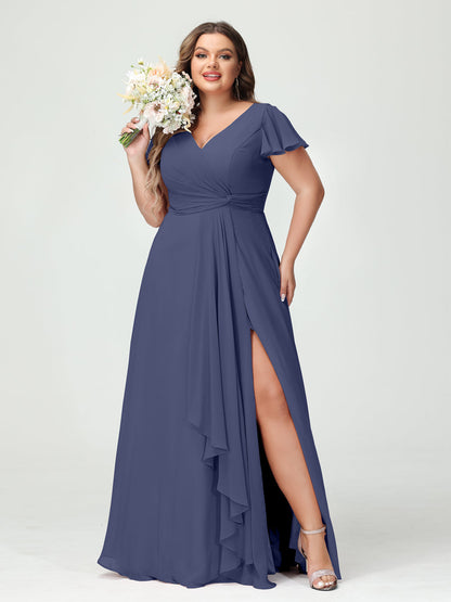 Princesa/Formato A Decote Em V Manga Curta Chiffon Babados Split Side Plus Size Vestidos de Dama de Honra com Bolsos
