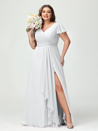 Princesa/Formato A Decote Em V Manga Curta Chiffon Babados Split Side Plus Size Vestidos de Dama de Honra com Bolsos