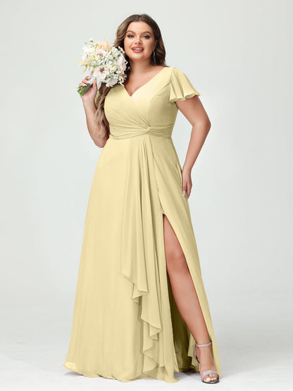 Princesa/Formato A Decote Em V Manga Curta Chiffon Babados Split Side Plus Size Vestidos de Dama de Honra com Bolsos