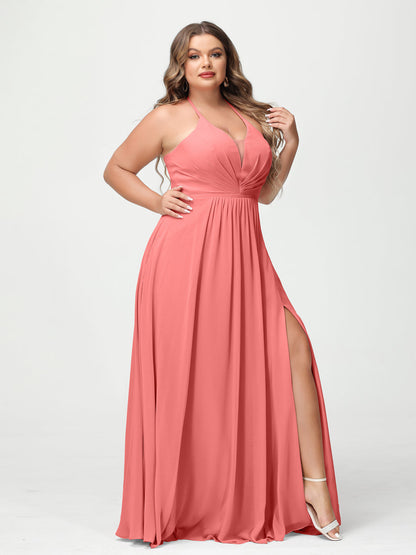 A-Line/Princesa Halter Sem Mangas Chiffon Ruched Split Side Plus Size Vestidos de Dama de Honra com Bolsos