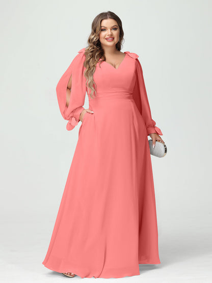 Corte A/Princesa Decote Em V Manga Comprida Chiffon Dividido Lateral Plus Size Vestidos de Dama de Honra com Bolsos
