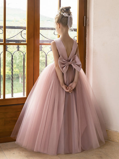 Vestido de Baile de Tule/Vestidos Princesa Flor para Menina com Pérolas e Laço de Cetim