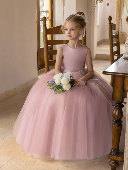 Vestido de Baile de Tule/Vestidos Princesa Flor para Menina com Pérolas e Laço de Cetim