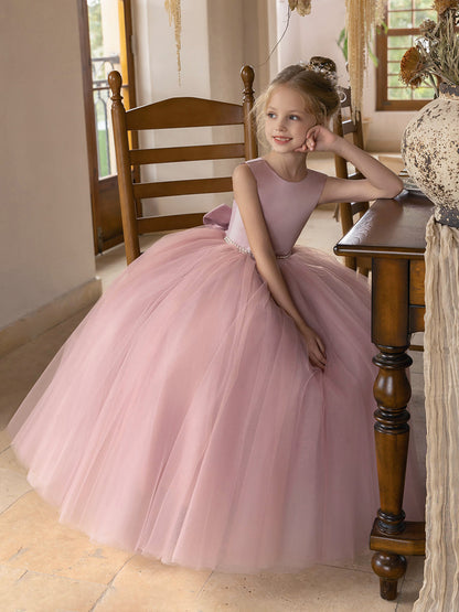 Vestido de Baile de Tule/Vestidos Princesa Flor para Menina com Pérolas e Laço de Cetim