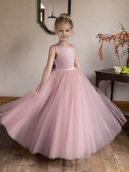Vestido de Baile de Tule/Vestidos Princesa Flor para Menina com Pérolas e Laço de Cetim