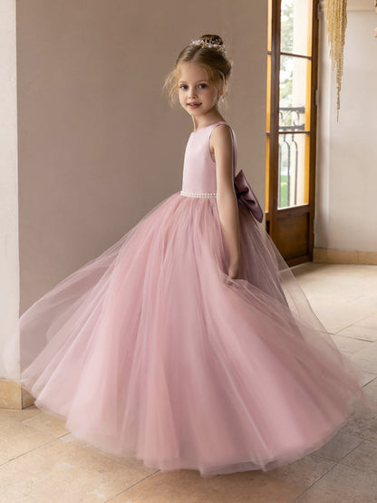 Vestido de Baile de Tule/Vestidos Princesa Flor para Menina com Pérolas e Laço de Cetim