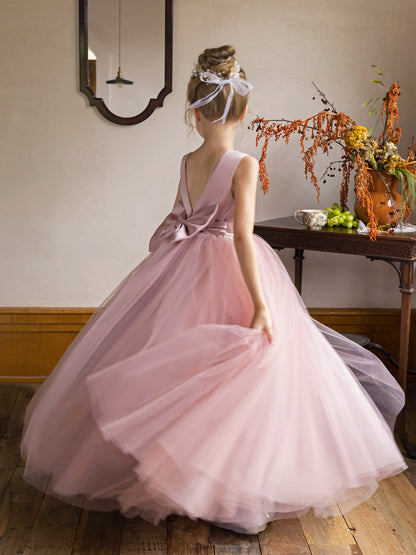 Vestido de Baile de Tule/Vestidos Princesa Flor para Menina com Pérolas e Laço de Cetim